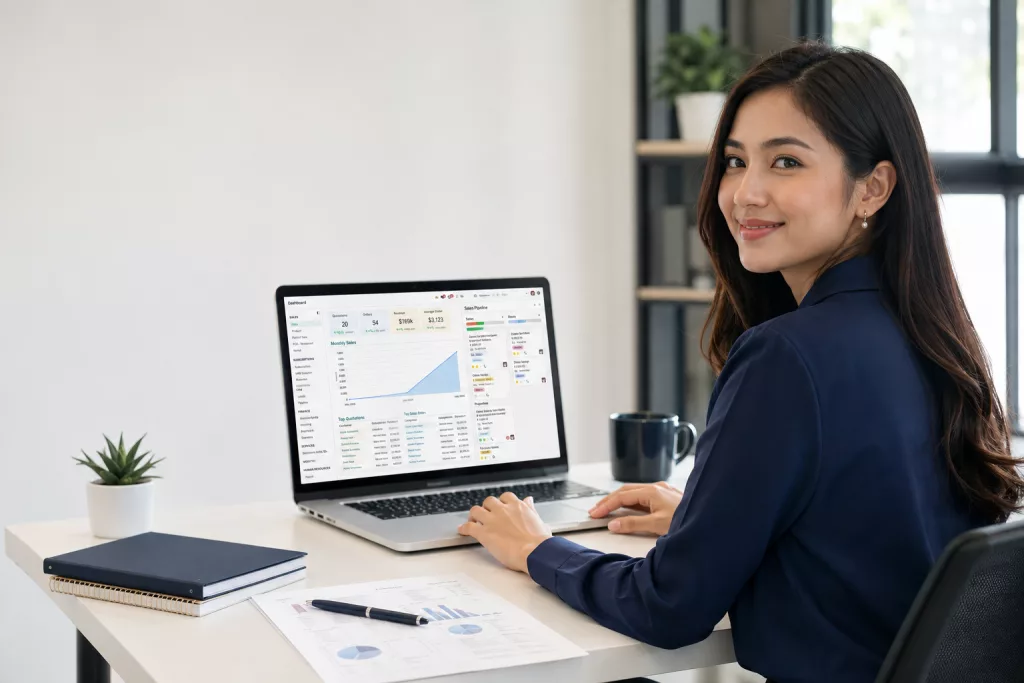 Manajer operasional meninjau sistem bisnis di laptop