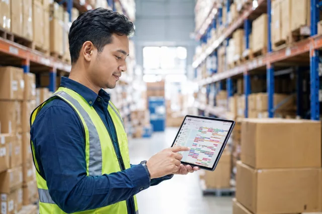 Supervisor gudang memeriksa alur logistik pada tablet
