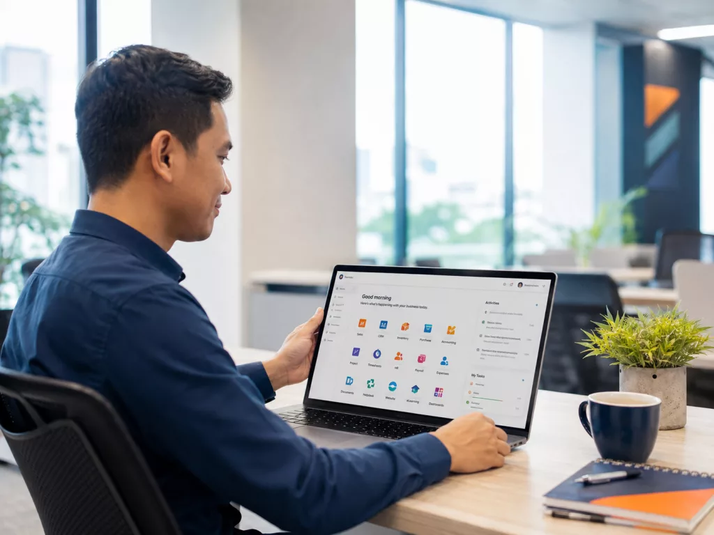Pengguna kantor bekerja dengan sistem ERP