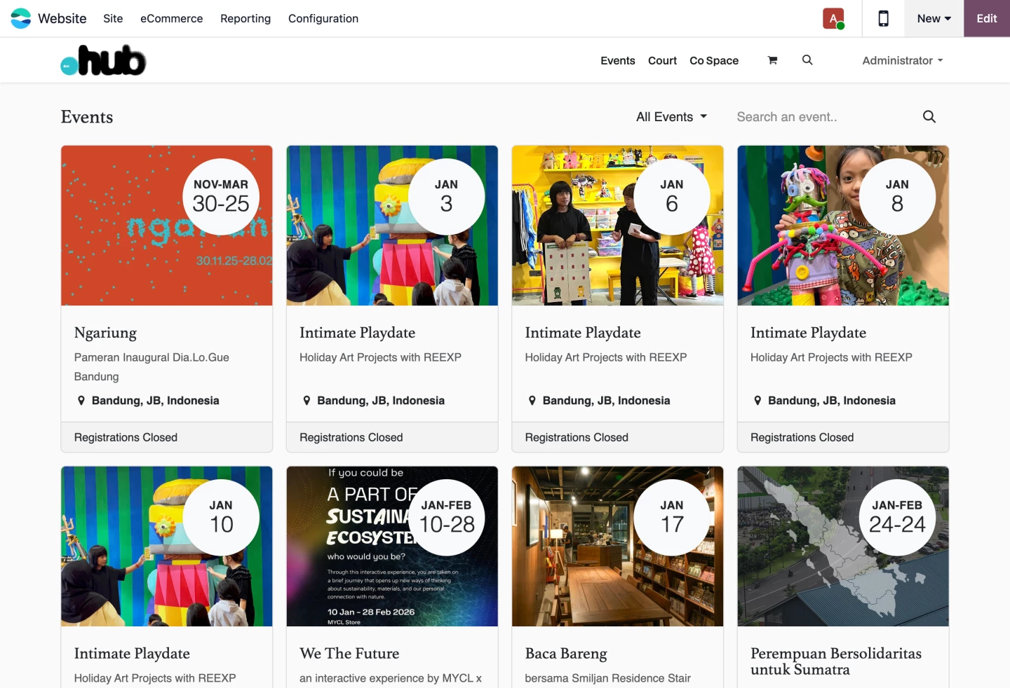 Cuplikan halaman acara dan kalender reservasi Dot Hub
